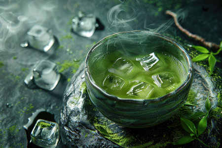 A close-up shot of a steaming bowl of green tea with ice cubes.の素材