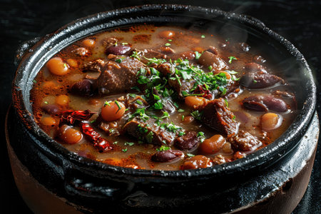 A close-up shot of a steaming pot of beef stew with beans and parsley, showcasing its rich, flavorful ingredients and enticing aroma.の素材