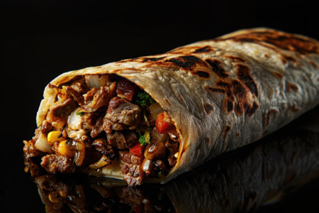 A close-up shot of a toasted burrito filled with beef, onions, corn, and other ingredients.の素材