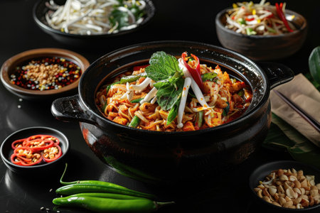 A close-up image of a black bowl filled with spicy Asian noodles and garnishes, showcasing its vibrant colors and appealing presentation.の素材