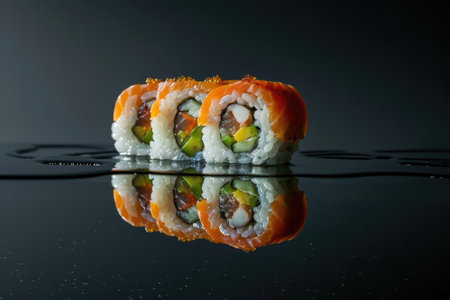 Three salmon sushi rolls with toppings, reflected on a black surface.の素材
