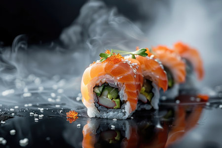 Close-up of salmon sushi rolls with tobiiko, sesame seeds, and smoke.の素材