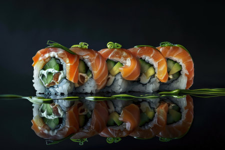 Closeup of salmon and avocado sushi rolls with green garnish on a black background.の素材