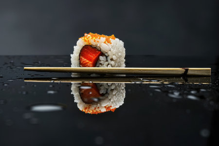 A single sushi roll with salmon and tobiko on wooden chopsticks over a black wet surface.の素材