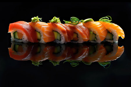 A close-up image of a row of salmon sushi rolls garnished with green onions, set against a black background with a reflection.の素材