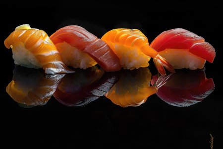 A close-up of four pieces of colorful sushi with reflections on a black background.の素材