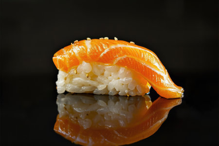 A single piece of salmon nigiri sushi topped with sesame seeds, photographed against a black background.の素材