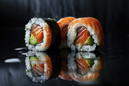 Two salmon avocado sushi rolls are displayed on a black surface, with reflections of the rolls appearing in the water droplets on the surface.の素材