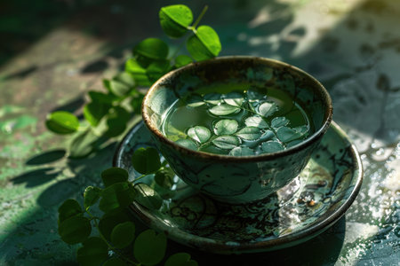 A close-up image of a vintage teacup with fresh green leaves floating in the green tea, surrounded by more green leaves.の素材