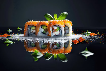 A close-up shot of three salmon sushi rolls topped with sesame seeds and tobiko, with basil leaves and a reflection in the water droplets.の素材