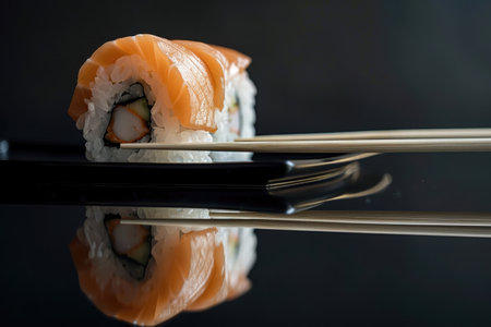 A single salmon sushi roll sits on a black plate with chopsticks, reflecting on a glossy surface.の素材