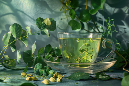 A glass cup of green tea with a sprig of leaves as a garnish, resting on a saucer and surrounded by green foliage on a blue-green background.の素材