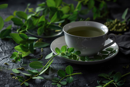 A close-up image of a cup of green tea surrounded by fresh moringa leaves on a dark surface.の素材