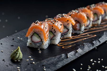 A close-up view of salmon sushi rolls, adorned with sesame seeds, resting on a black slate plate with a dollop of wasabi.の素材