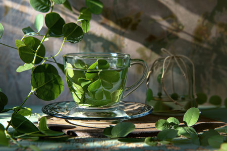 A close-up of a glass cup filled with green leaves and water, resting on a saucer on a wooden surface.の素材