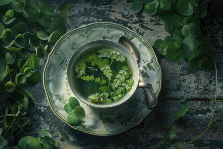 A close-up of a cup of herbal tea surrounded by lush green leaves on a weathered wooden table, creating a peaceful and natural scene.の素材
