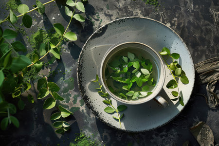 A close-up view of a cup of herbal tea with green leaves, on a rustic, textured background.の素材