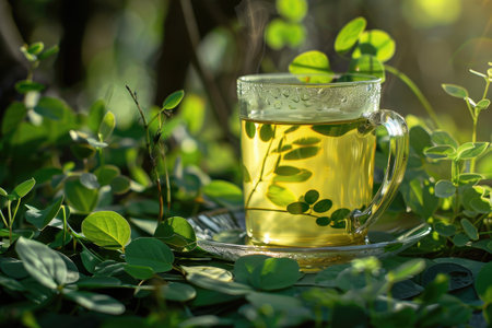 A glass of steaming tea rests on a saucer surrounded by lush green leaves, bathed in the warm glow of sunlight.の素材
