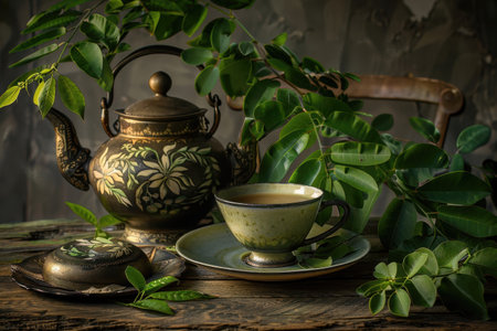 A vintage, ornate teapot and a teacup with saucer set on a wooden table, surrounded by lush green leaves.の素材