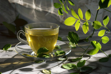 A glass teacup filled with green tea sits on a saucer surrounded by green leaves, bathed in sunlight.の素材