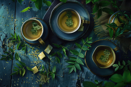 A flat lay image of three teacups filled with herbal tea, green leaves, and sugar cubes arranged on a rustic blue table.の素材