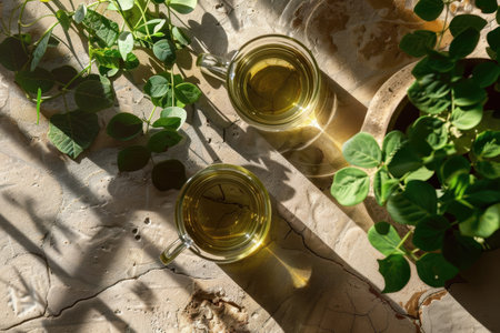 Two glass cups filled with tea resting on a rough surface, surrounded by green foliage and bathed in sunlight.の素材