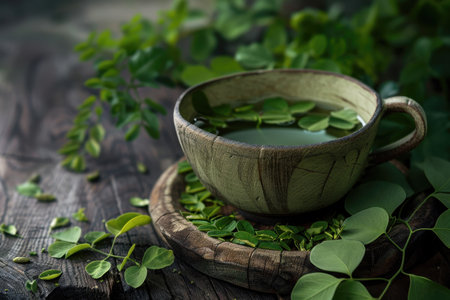 A rustic earthenware mug filled with green herbal tea and leaves on a wooden surface surrounded by lush green foliage.の素材