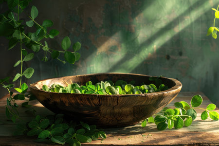 A wooden bowl filled with green leaves sits on a rustic table bathed in soft sunlight, creating a natural and serene scene.の素材