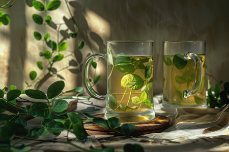 Two glass mugs filled with herbal tea, adorned with green leaves and wispy steam, rest on a wooden coaster and a fabric surface bathed in natural light.の素材