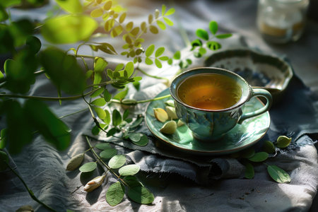 A green teacup and saucer with a sprig of green leaves, captured in a still life setting.の素材