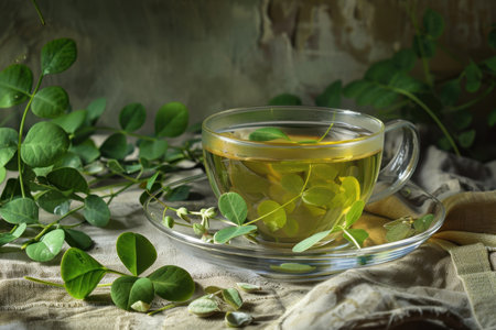 A glass cup of herbal tea with green leaves on a fabric surface, capturing a calming and refreshing scene.の素材