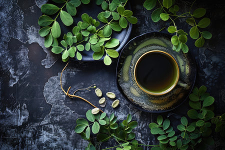 A still life image featuring a cup of tea on a black surface, surrounded by green leaves.の素材