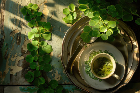 A close-up top view of a white teacup filled with green leaves resting on a saucer and plate on a weathered wooden surface, surrounded by green leaves, casting shadows and highlighting the rustic beauty of the scene.の素材