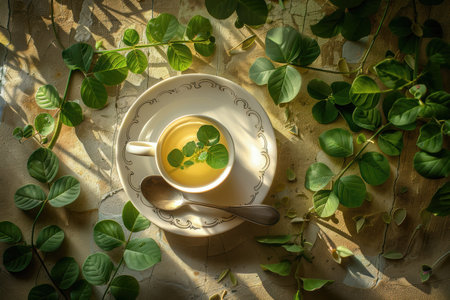 A white teacup with a saucer and spoon, filled with tea and green leaves, resting on a table surrounded by green foliage.の素材