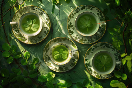 A close-up still life image of four teacups filled with green leaves against a lush green background.の素材