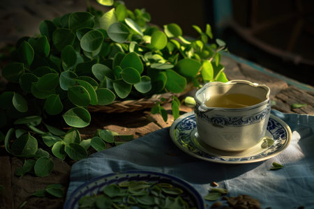 A rustic still life featuring a teacup resting on a blue cloth with scattered green leaves, bathed in soft, warm sunlight.の素材