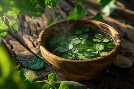 A wooden bowl filled with water and green leaves sits on a rustic wooden surface, bathed in soft natural light.の素材