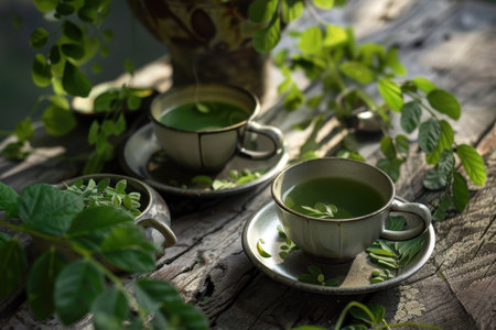 Two ceramic cups of green tea are nestled amongst verdant leaves on a weathered wooden surface.の素材