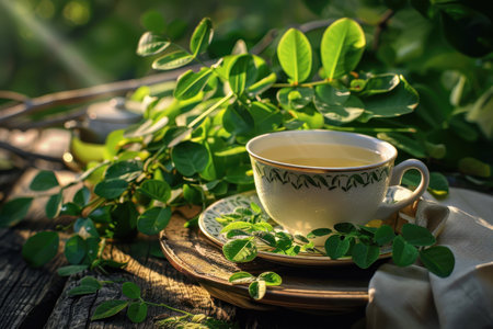 A cup of herbal tea on a wooden tray surrounded by lush greenery in a peaceful outdoor setting.の素材