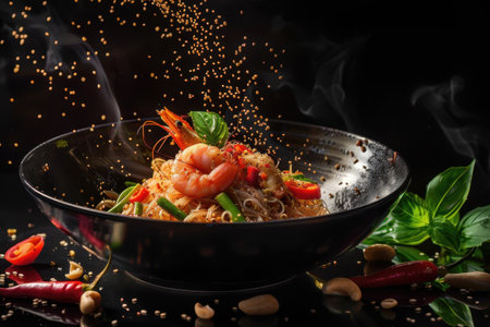 A steaming bowl of shrimp and vegetable noodles topped with sesame seeds.の素材