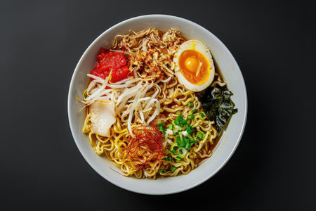 A white bowl filled with a steaming bowl of ramen noodles with an egg, bean sprouts, and seaweed on top.の素材
