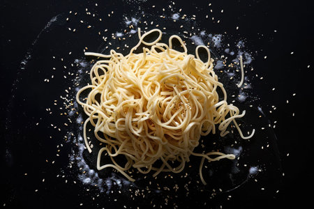 A close-up, overhead view of a plate of cooked noodles with scattered sesame seeds on a black background.の素材