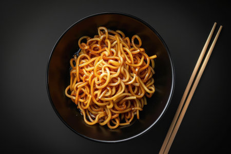 A close-up shot of a bowl of noodles with sauce and chopsticks on a black background.の素材