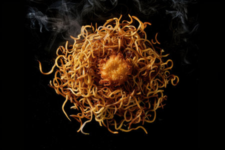 A close-up image of steaming noodles with a crispy fried topping.の素材