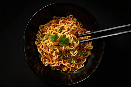 A close-up image showing chopsticks lifting noodles from a black bowl, with parsley and green onion garnishes.の素材