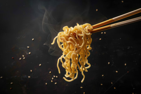 A close-up of steaming noodles held by chopsticks against a black background.の素材