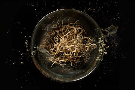 A close-up overhead view of a single bowl of spaghetti with golden specks scattered on a black background.の素材