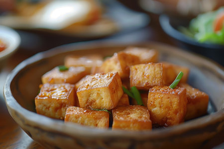 A close-up shot of fried tofu cubes in a bowl, coated in a glossy sauce and garnished with green onions.の素材