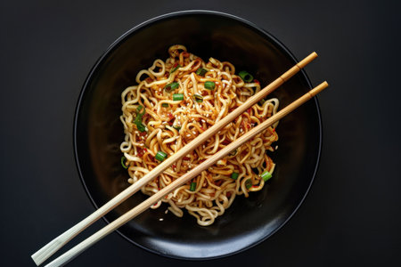 A bowl of noodles with chopsticks on a black background, ready to be eaten.の素材