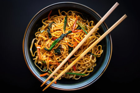 A close-up view of a bowl of stir-fried noodles with vegetables and chopsticks, against a dark background.の素材